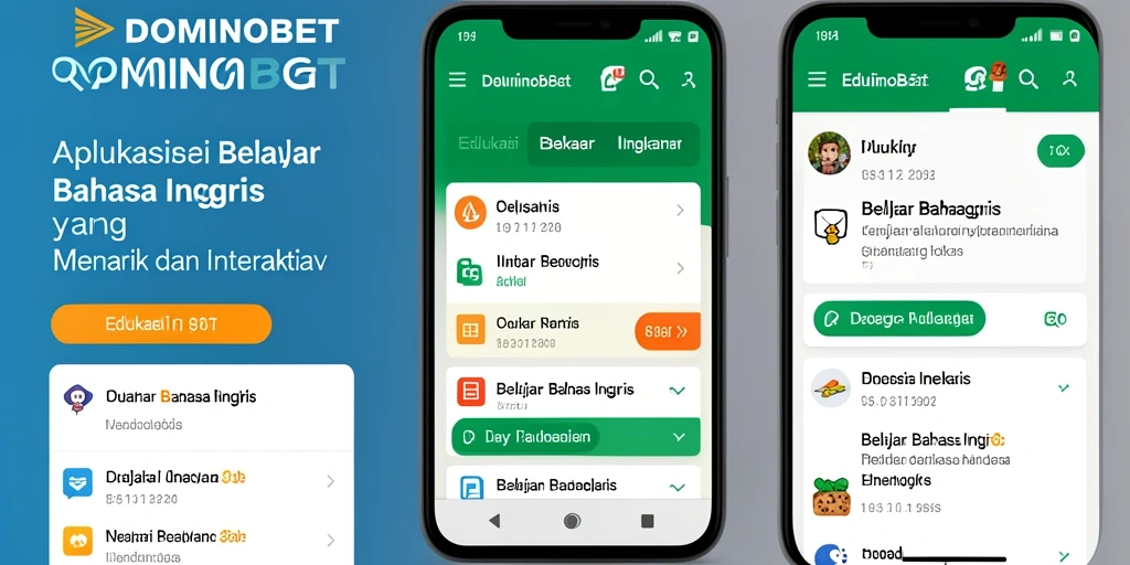 Antarmuka menarik dari aplikasi DOMINOBET untuk belajar Bahasa Inggris.